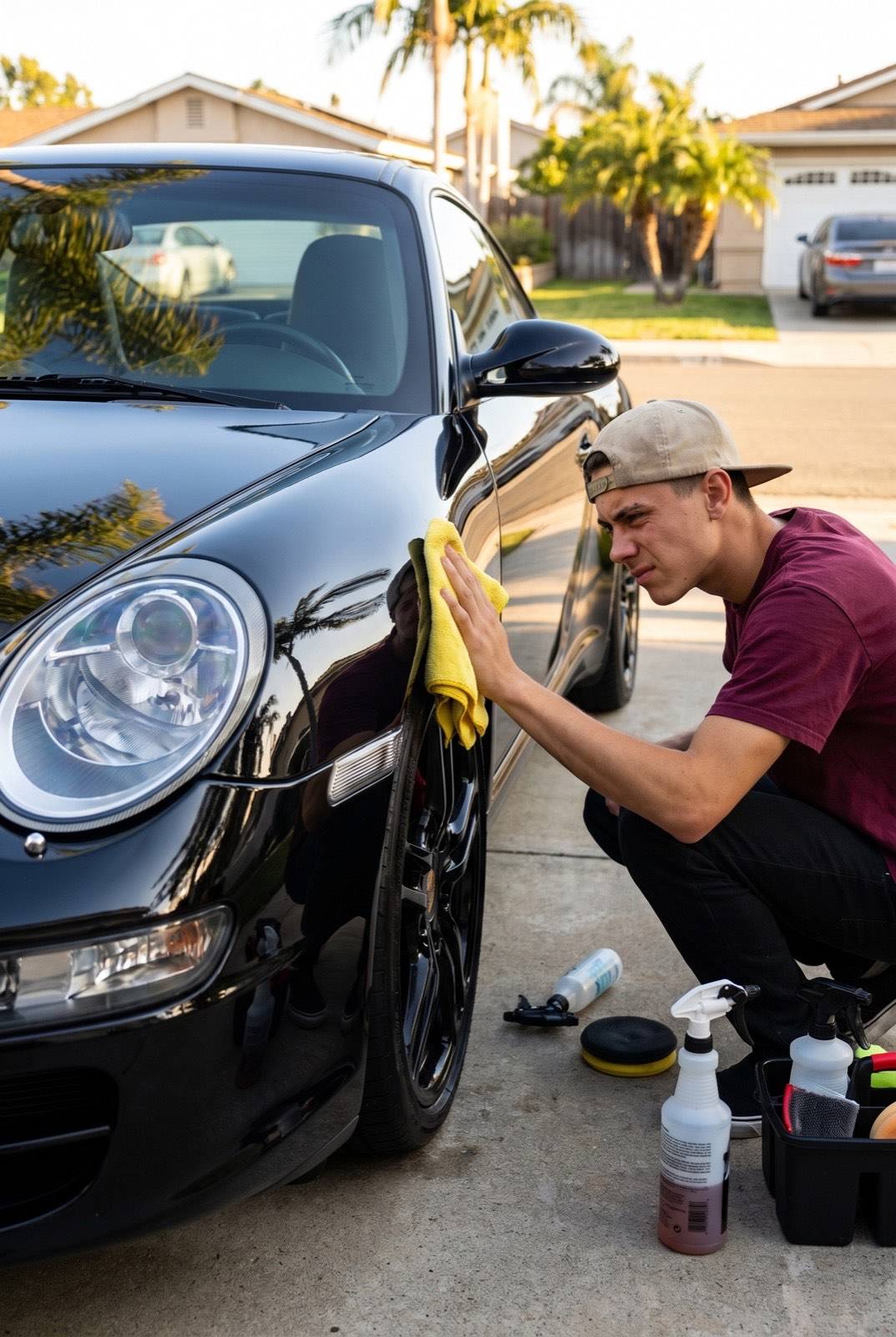 Zack Hebert hand-polishing the fender of a glossy black Porsche 911 in a San Diego driveway